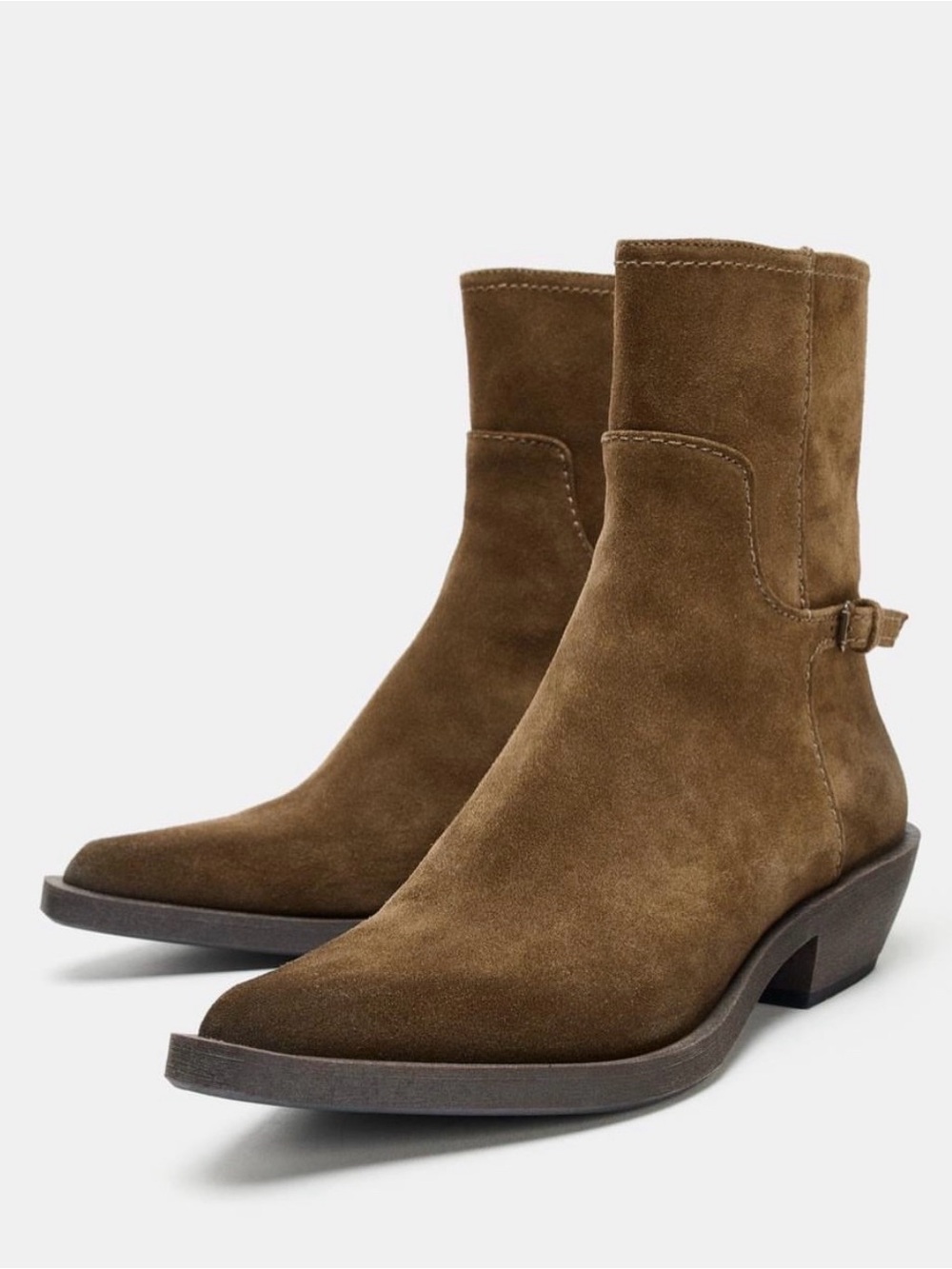 Zara Brown Suede Ankle Boot with Buckle Strap